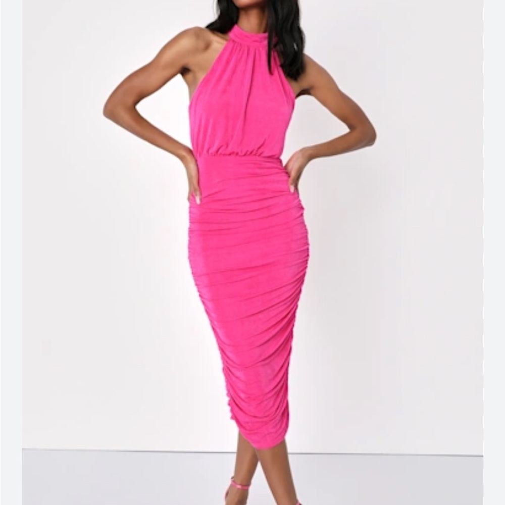 Lulu’s Irresistible Presence Hot Pink Halter Ruched Bodycon Midi Dress - Size XS